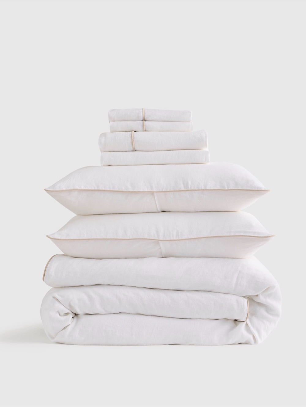 Quince European Linen Piped Sheet Set Cal King in White/Toffee